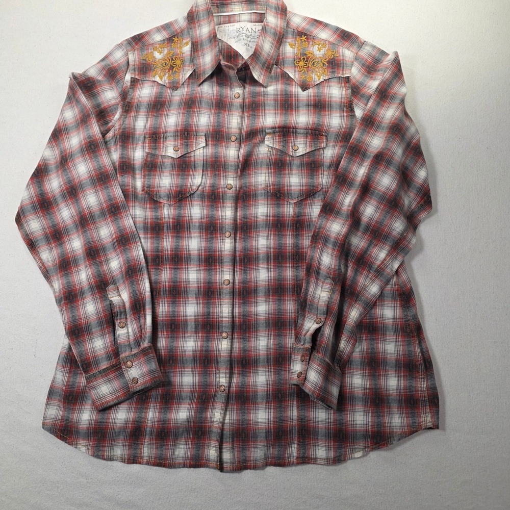 Ryan Michael Womens XL Red Plaid Embroidered Western Snap Button/ Cotton H593